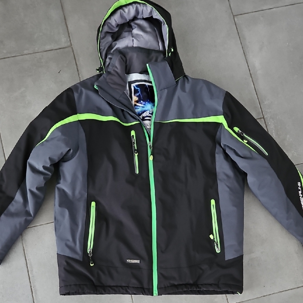 Men's Black and Gray Ski Jacket with Green Accents